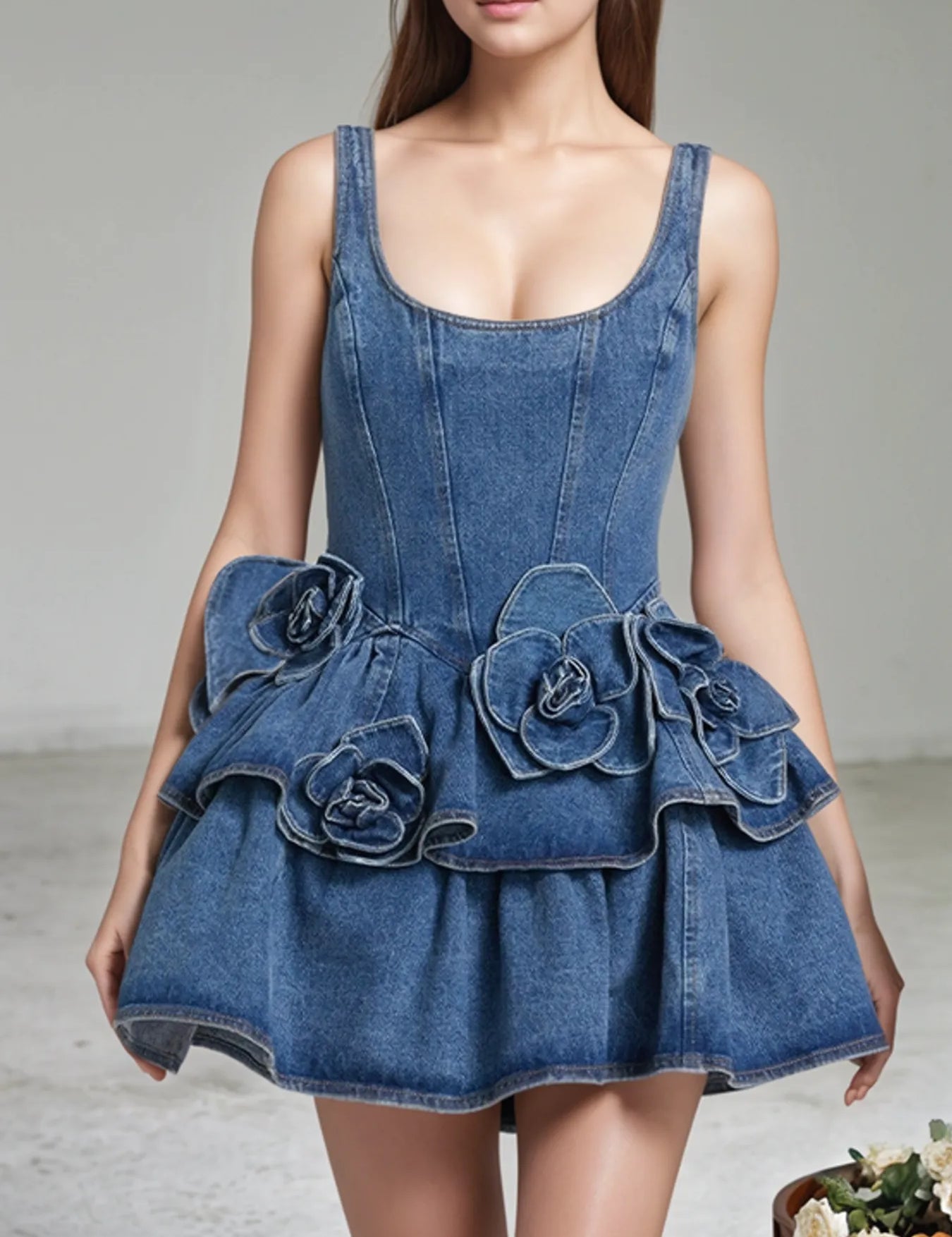 Ruffled Layered Scoop Neck Denim Dress | Daverri Fashions