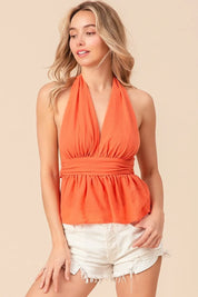 BiBi Back Open With Halter Neck Wrinkled Tank Top | Tops Daverri Fashions