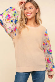 Haptics Floral Sequins Mesh Flounce Sleeve Sweater | Sweaters Daverri Fashions