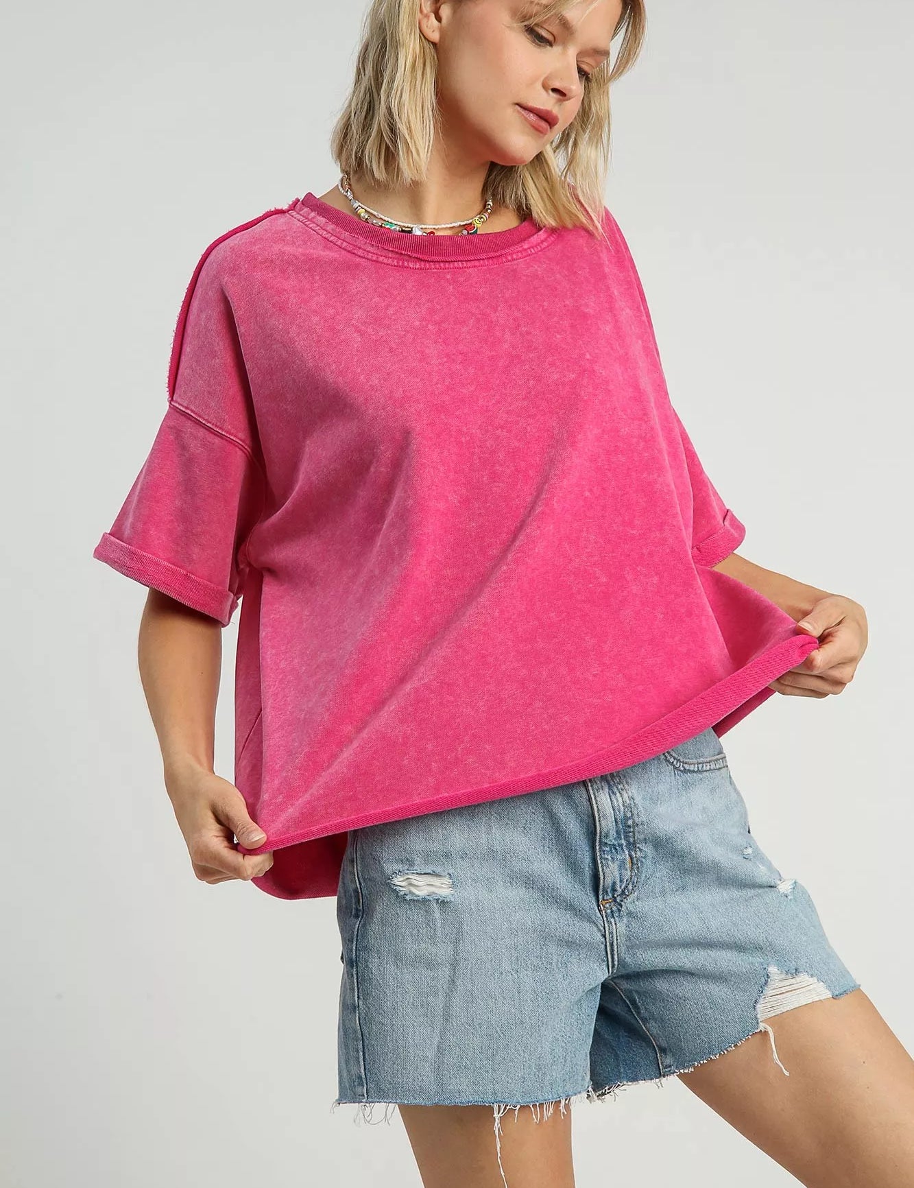 Umgee Mineral Wash Round Neck Top Hot Pink | Tops Daverri Fashions