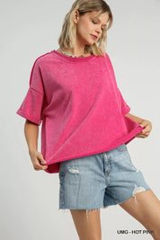Umgee Mineral Wash Round Neck Top Hot Pink | Tops Daverri Fashions