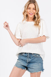 Ivory Ces Femme Textured Puff Sleeve Top | Tops Daverri Fashions