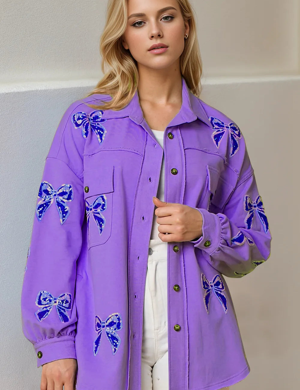 Purple Double Take Full Size Sequin Bow Button Up Shacket | Shackets Daverri Fashions