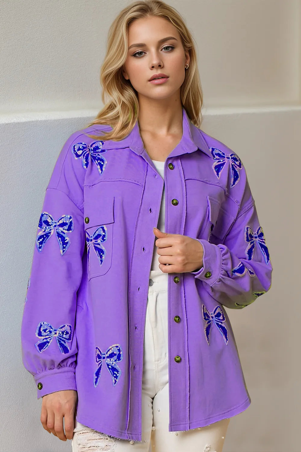 Purple Double Take Full Size Sequin Bow Button Up Shacket | Shackets Daverri Fashions