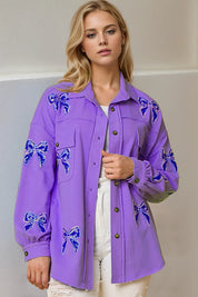 Purple Double Take Full Size Sequin Bow Button Up Shacket | Shackets Daverri Fashions