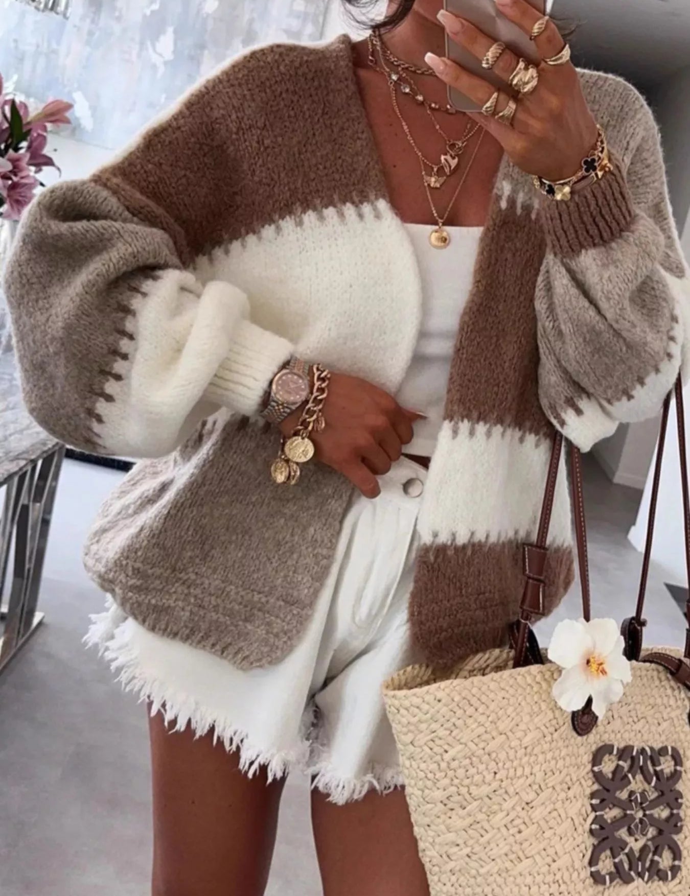 Brown One Size Color Block Open Front Cardigan | Cardigans Daverri Fashions