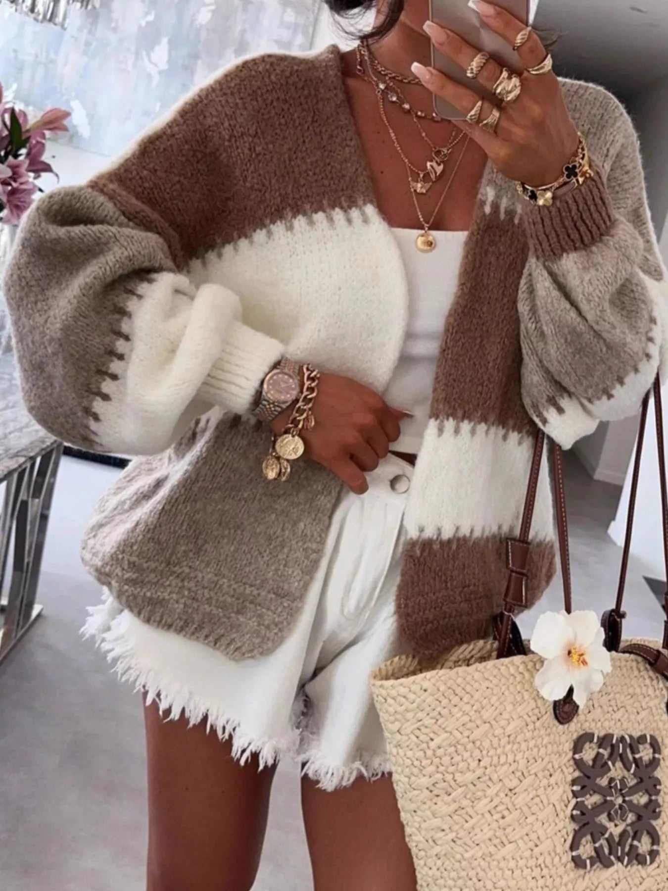 Brown One Size Color Block Open Front Cardigan | Cardigans Daverri Fashions