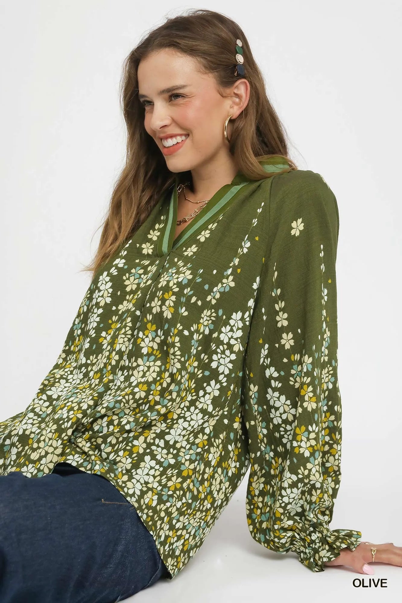 Olive Umgee Floral Vine Print Blouse with Balloon Sleeves | Blouses Daverri Fashions