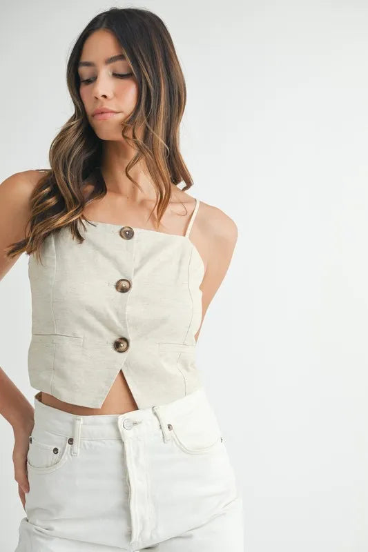 MABLE Linen Mix Button Down Tank Top | Tank Tops Daverri Fashions