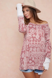 BiBi Aztec Print French Terry Top with Thumb Opening | Tops Daverri Fashions