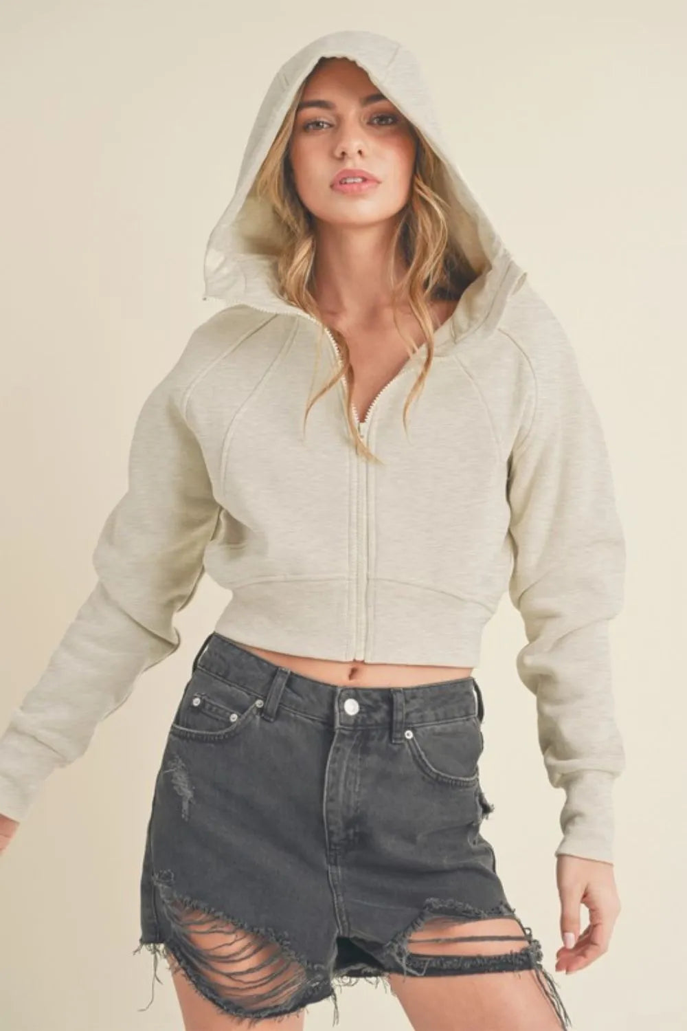 Heather Bone Aemi + Co Zip Up Raglan Sleeve Cropped Hoodie | Daverri Fashions