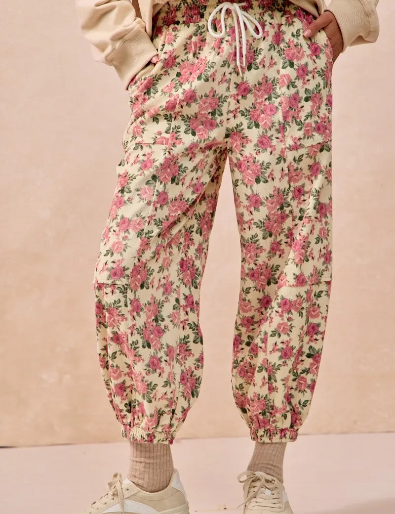 BiBi Floral Printed Twill Drawstring Jogger Pants With Elastic Band | Joggers Daverri Fashions
