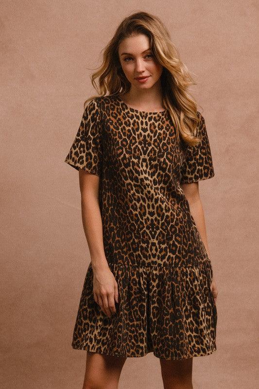 BiBi Tie Back Leopard Round Neck Short Sleeve Dress | Daverri Fashions
