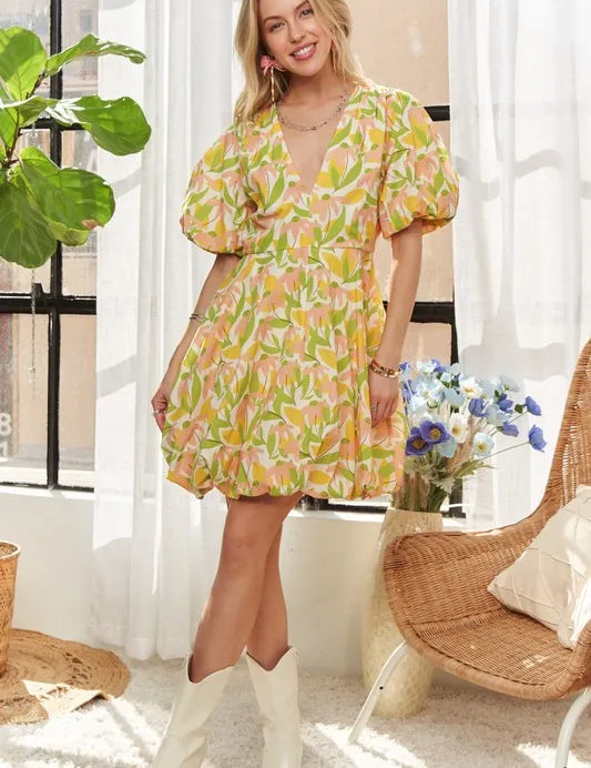 YELLOW ADORA Puff Sleeve Floral Dress Yellow | Mini Dresses Daverri Fashions