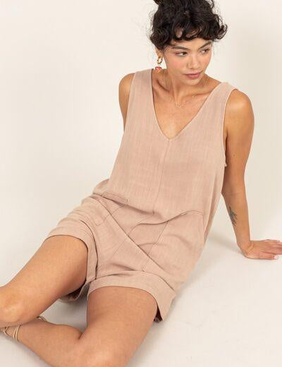 Tan HYFVE V-Neck Sleeveless Romper with Pockets | Rompers Daverri Fashions