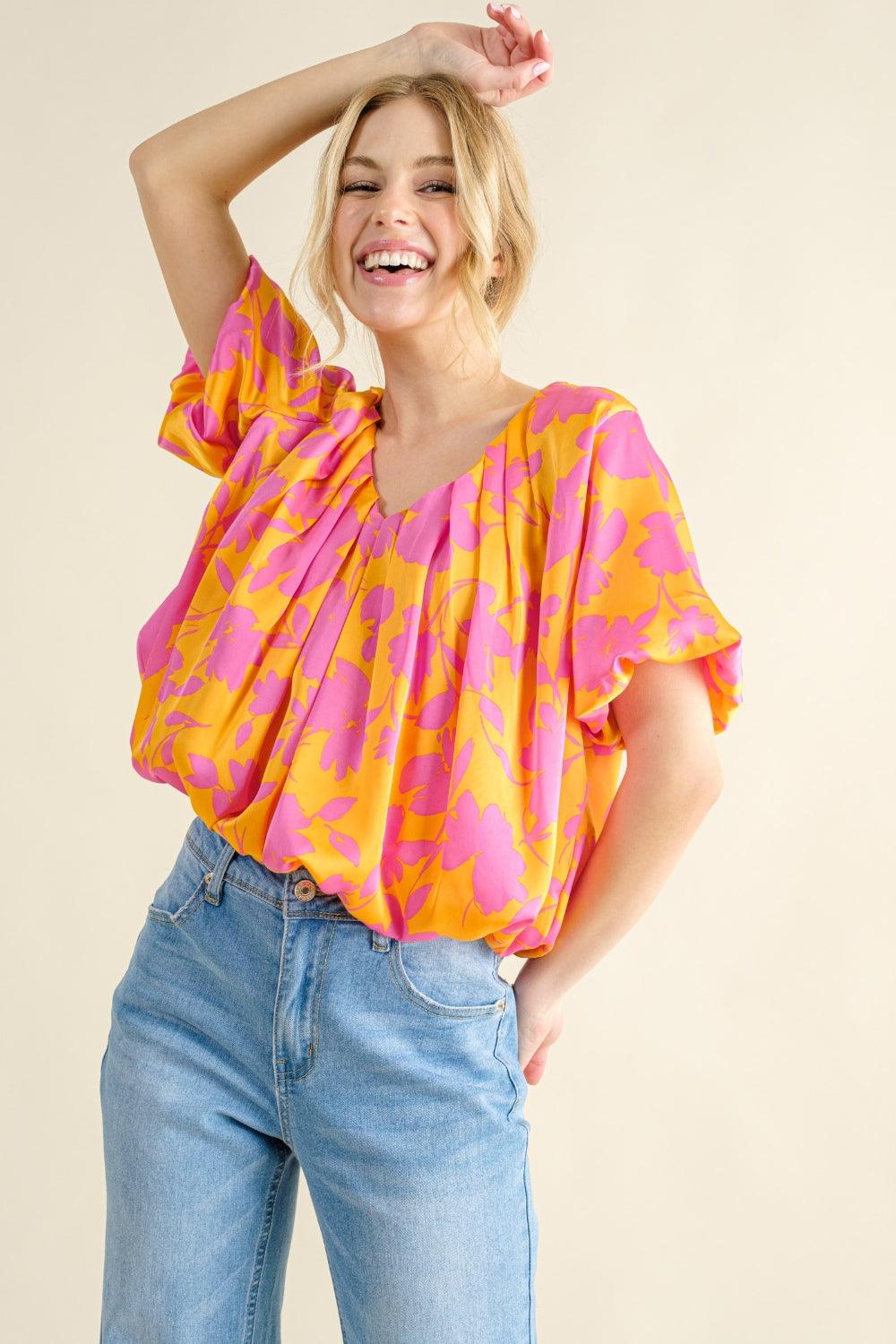 And The Why Full Size Printed Satin Bubble Hem Top | Tops Daverri Fashions
