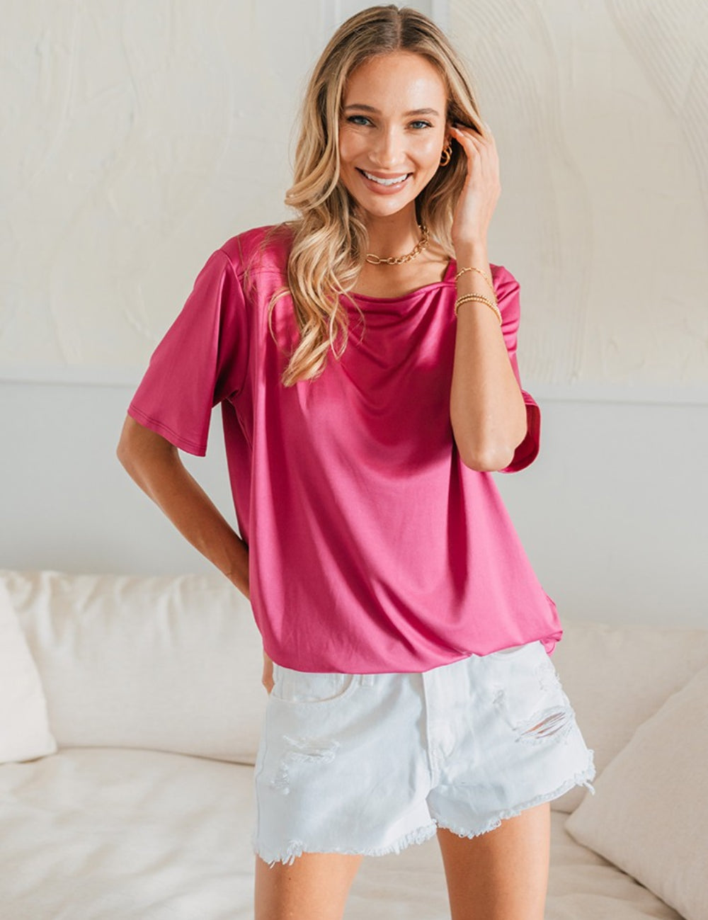 Fuchsia Sew In Love Full Size Square Neck Short Sleeve Top | Tops Daverri Fashions