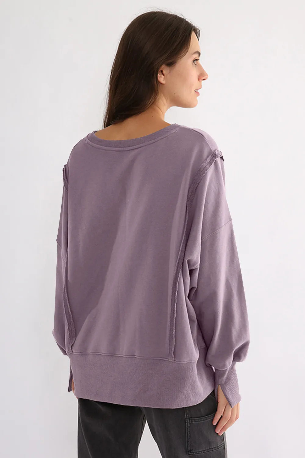 Exposed Seam High-Low Long Sleeve Sweatshirt | Daverri Fashions
