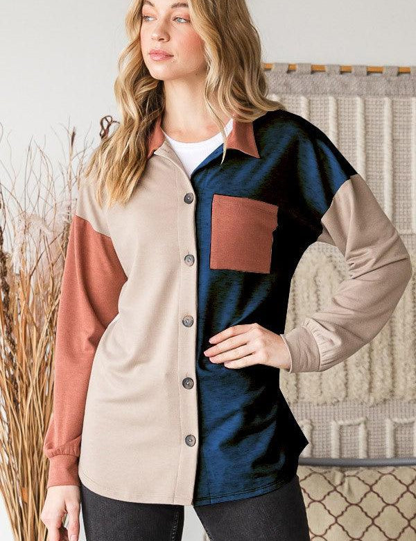 Teal Blue Heimish Full Size Color Block Button Down Shirt | Daverri Fashions