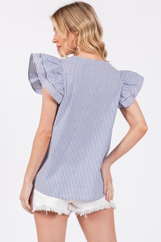 Ces Femme Striped V-Neck Ruffled Cap Sleeve Blouse | Blouses Daverri Fashions