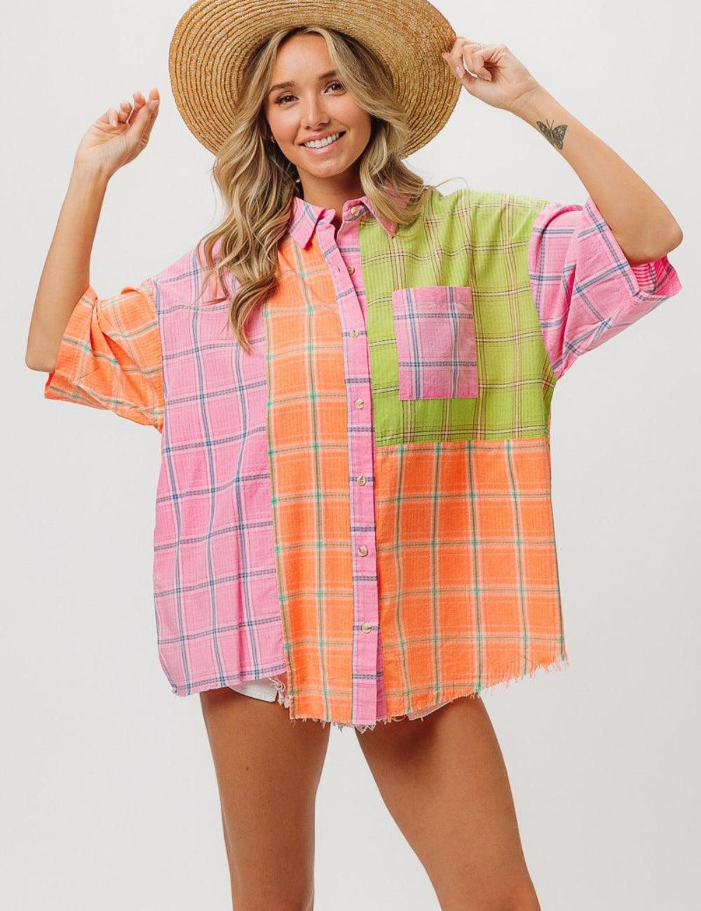 Pink Peach Lime L BiBi Plaid Collared Neck Half Sleeve Shirt | Shirts Daverri Fashions