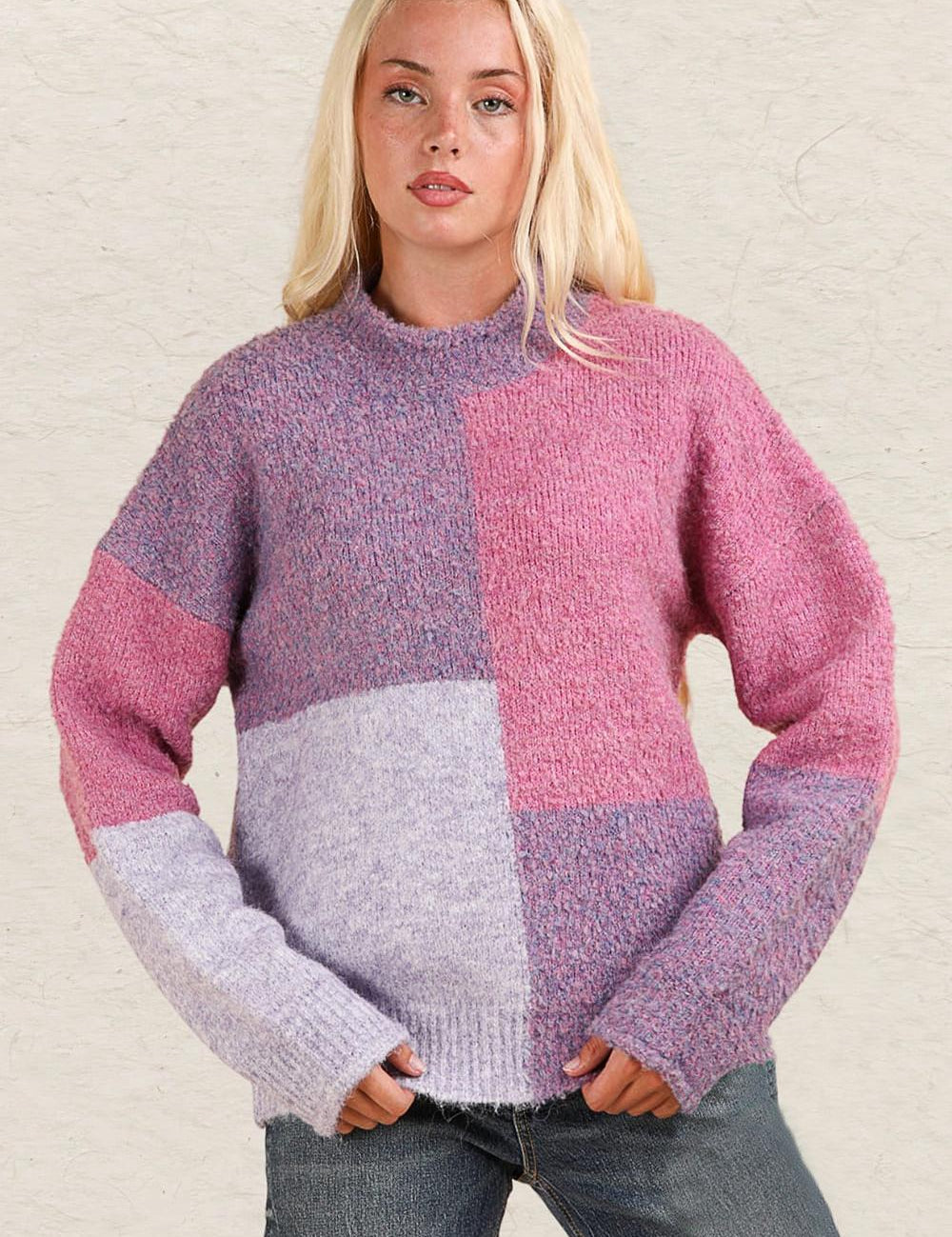Purple VERY J Color Block Mock Neck Drop Shoulder Sweater Purple | Sweaters Daverri Fashions