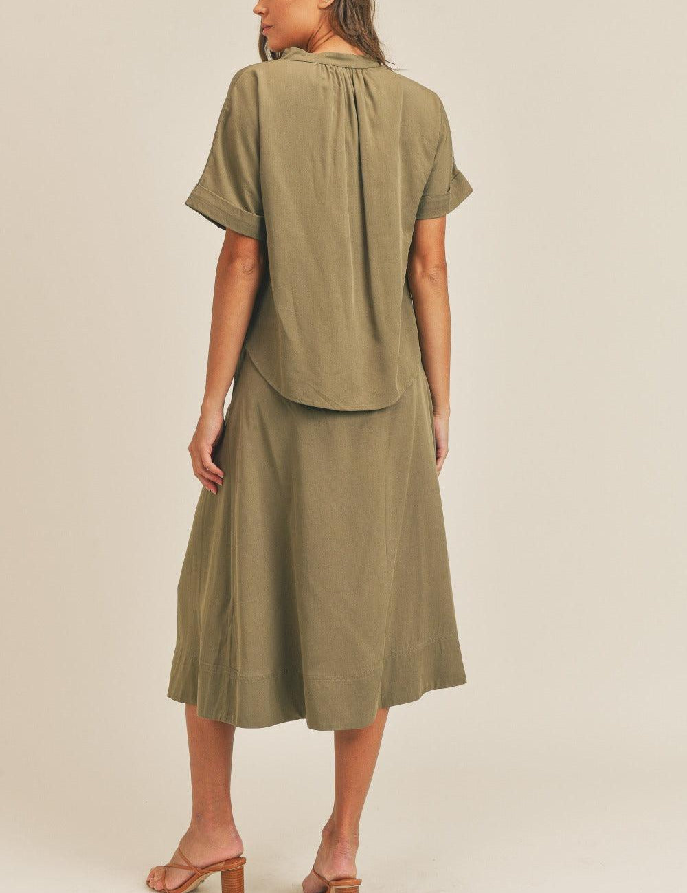 MABLE Short Sleeve Top and Button Down Midi Skirt Set | Outfit Sets Daverri Fashions