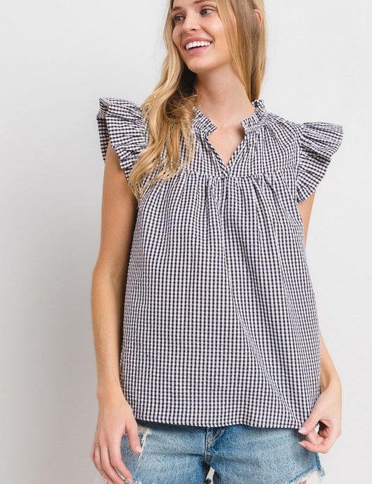 Black Ces Femme Plaid Notched Ruffled Cap Sleeve Blouse | Blouses Daverri Fashions