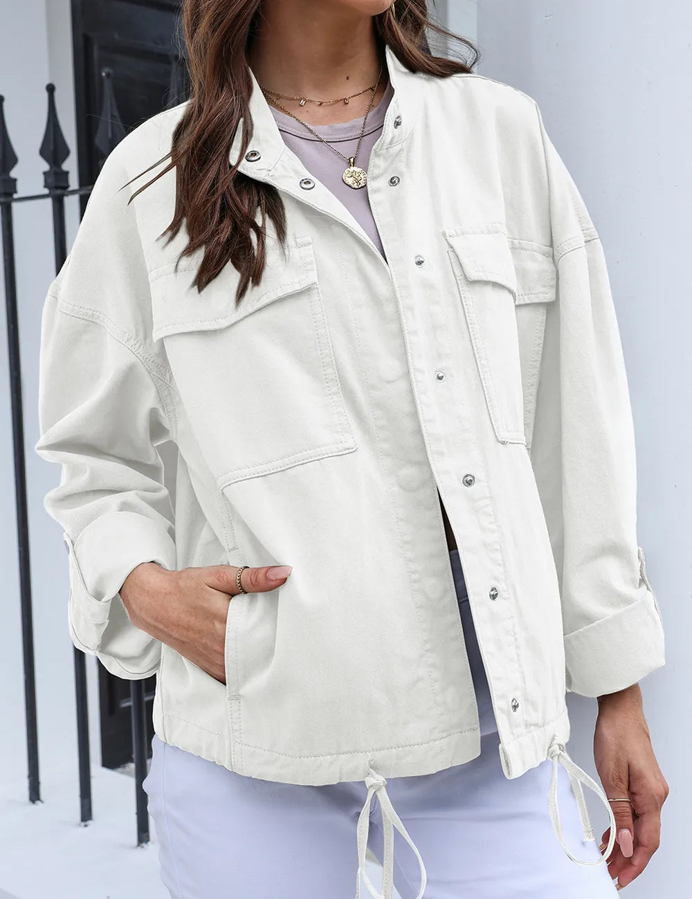 White Drawstring Snap Down Dropped Shoulder Denim Jacket | Denim Jackets Daverri Fashions