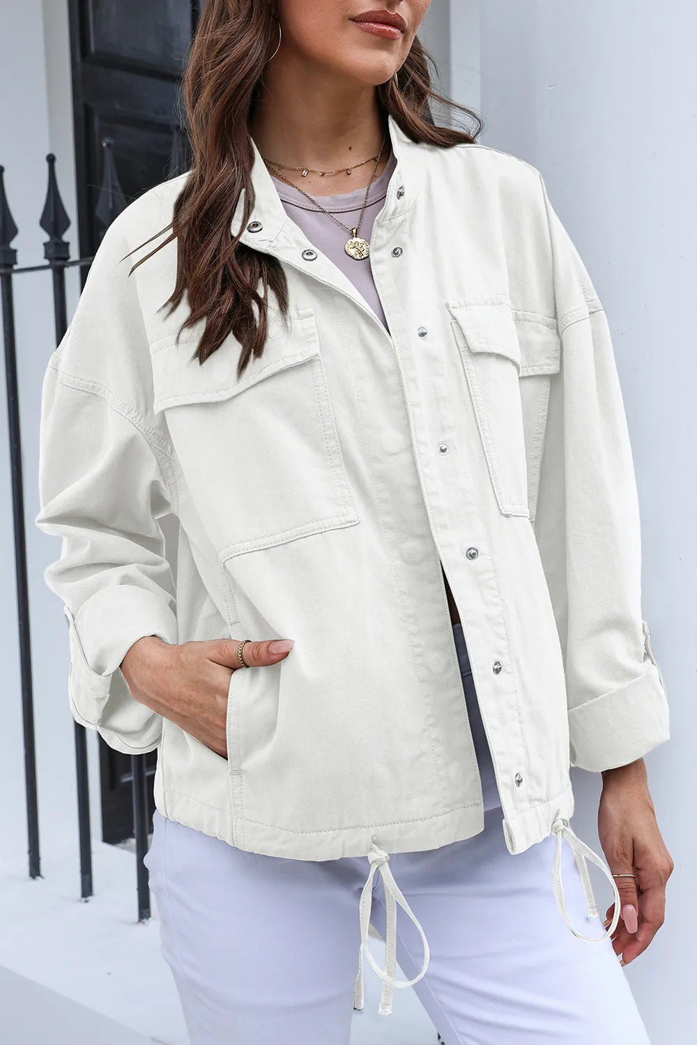 White Drawstring Snap Down Dropped Shoulder Denim Jacket | Denim Jackets Daverri Fashions