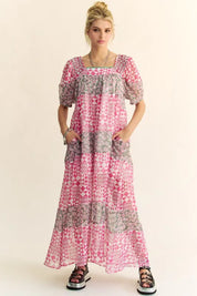 Indian Pink Davi & Dani Multi Floral Square Neck Puff Sleeve Maxi Dress | Maxi Dresses Daverri Fashions