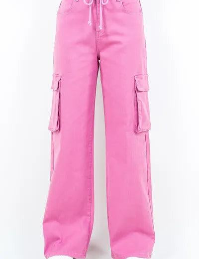 Fuchsia Pink American Bazi Drawstring Wide Leg Cargo Pants | Pants Daverri Fashions