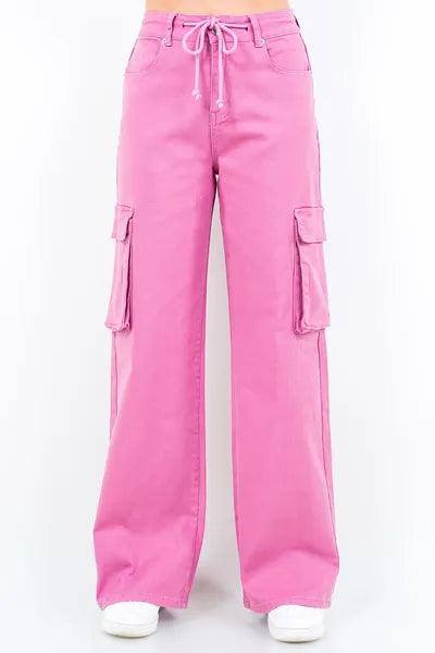 Fuchsia Pink American Bazi Drawstring Wide Leg Cargo Pants | Pants Daverri Fashions