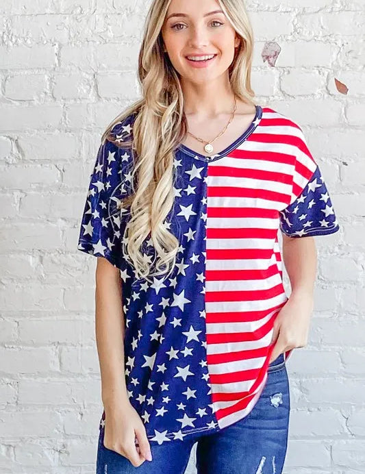 And The Why American Flag Short Sleeve Top | Tops Daverri Fashions
