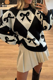 Black Bow Pattern Long Sleeve Contrast Sweater | Sweaters Daverri Fashions