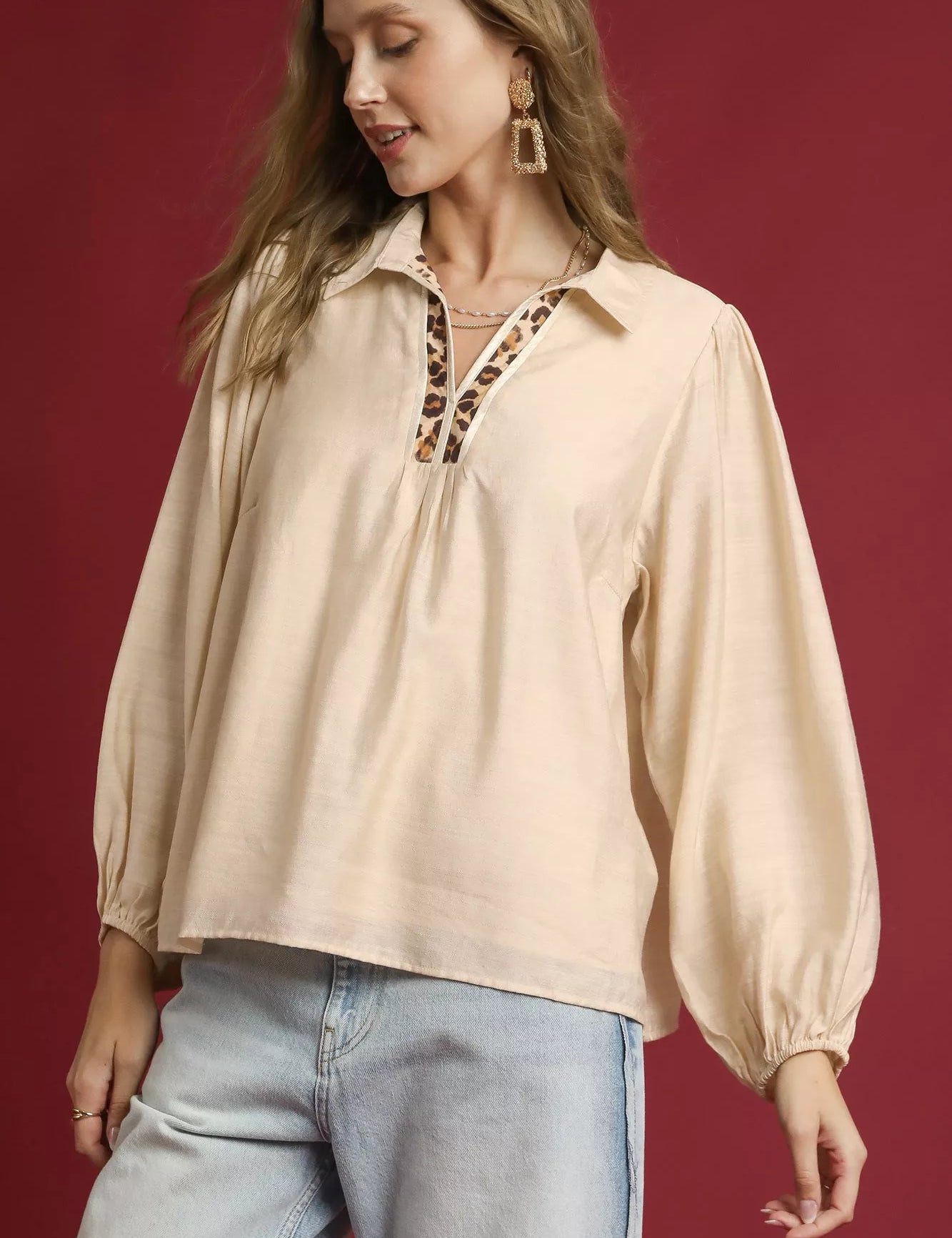 ECRU Umgee Long Sleeve Blouse with Leopard Print Trim | Blouses Daverri Fashions