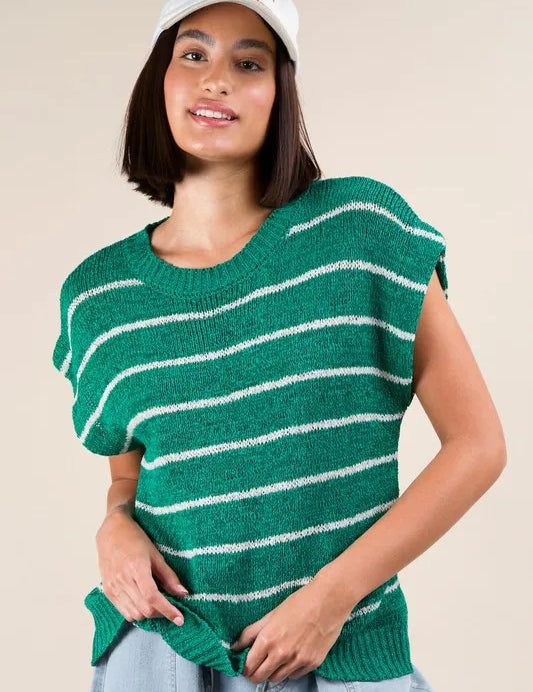 Kelly Green VERY J Striped Knit Sweater Vest Top | Sweaters Daverri Fashions