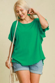 Umgee Full Size Raw Hem Ruffle Short Sleeve Blouse Plus Size | Blouses Daverri Fashions