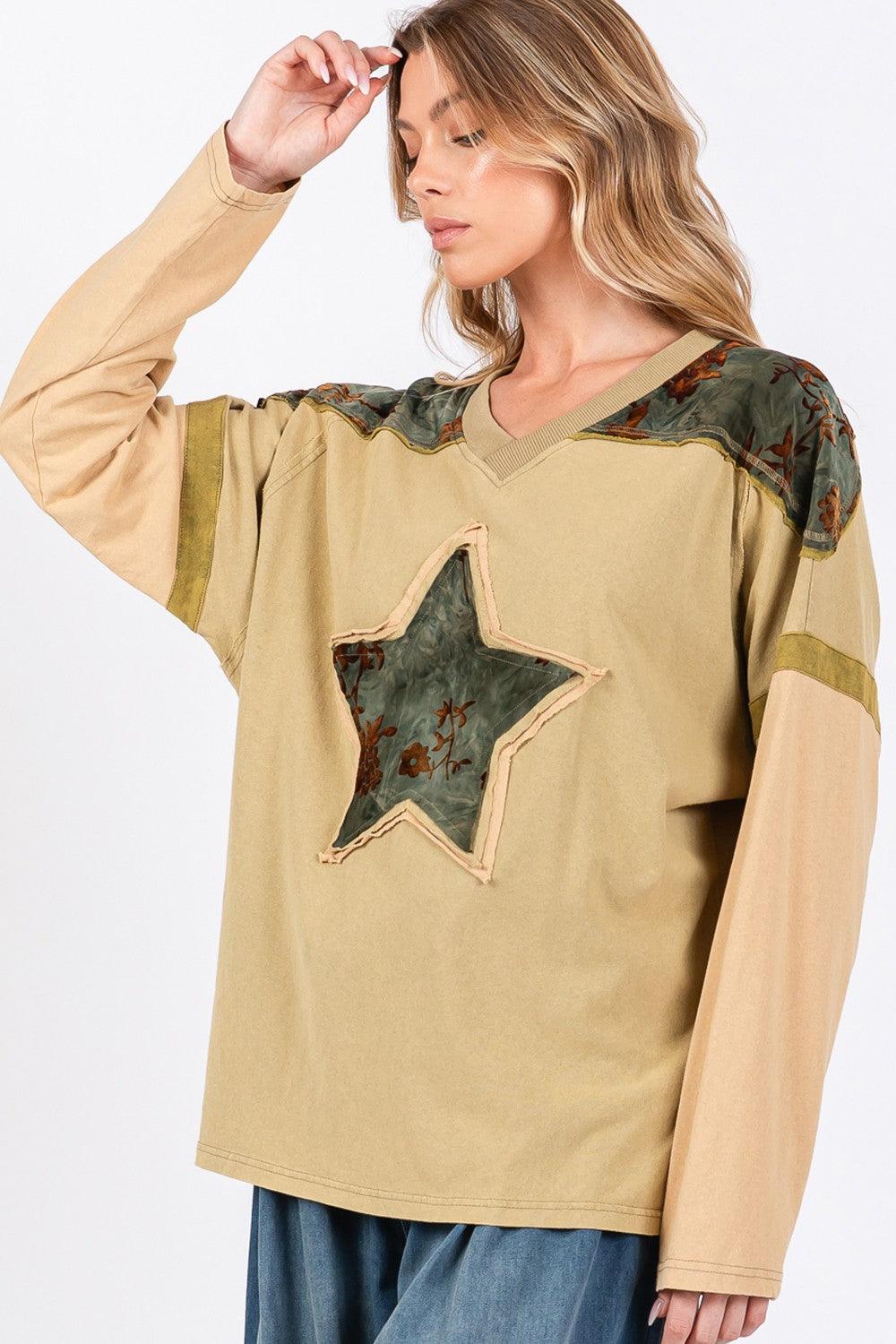 SAGE + FIG Star Patch Long Sleeve Color Block T-Shirt | T-Shirts Daverri Fashions