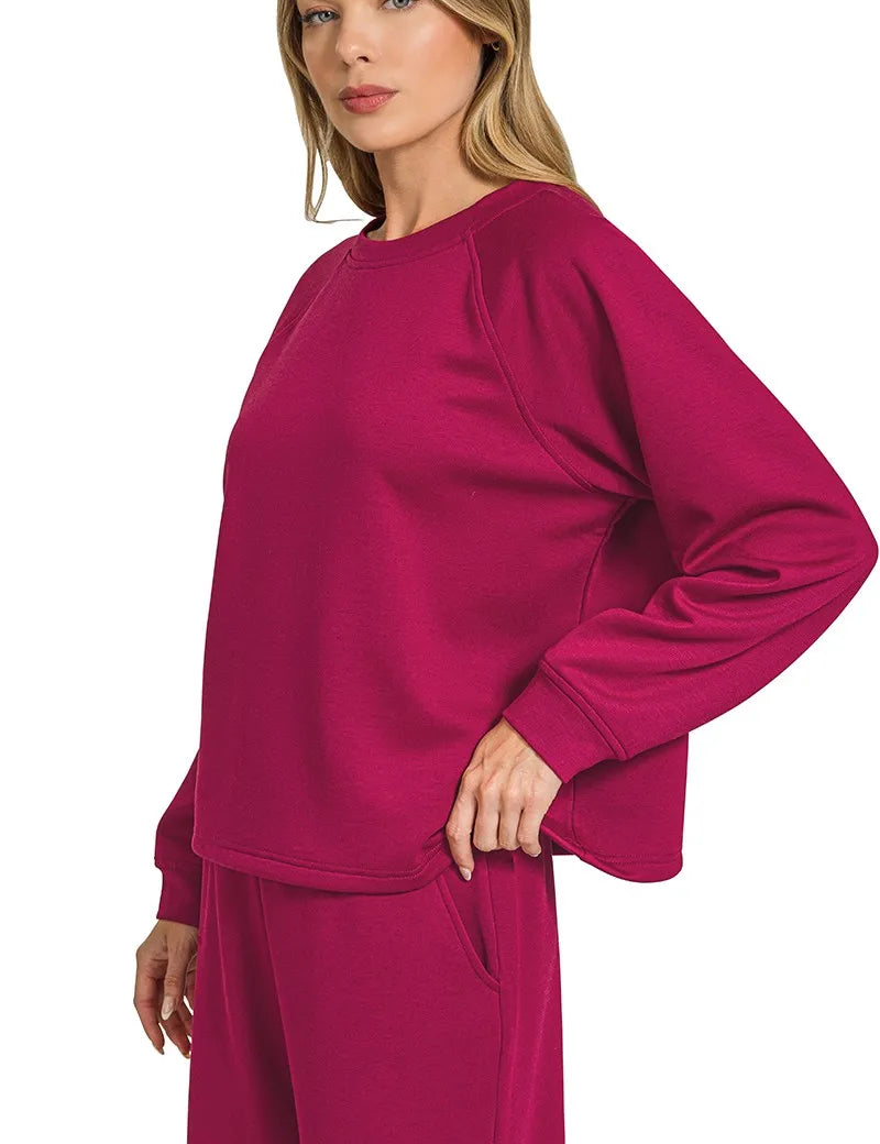 Zenana Scuba Crewneck Sweatshirt and Pants Set Cabernet | Loungewear Sets Daverri Fashions
