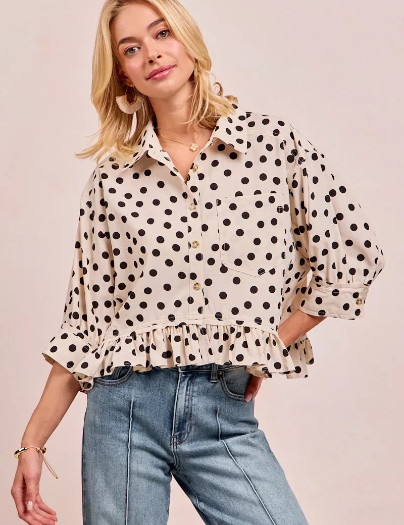 OFF WHITE BLACK BiBi Polka Dot Printed Peplum Top with Front Button | Blouses Daverri Fashions