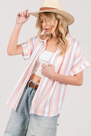 SAGE+FIG Multi Stripe Button Down Short Sleeve Shirt | Daverri Fashions