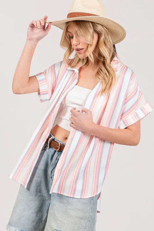 SAGE+FIG Multi Stripe Button Down Short Sleeve Shirt | Daverri Fashions