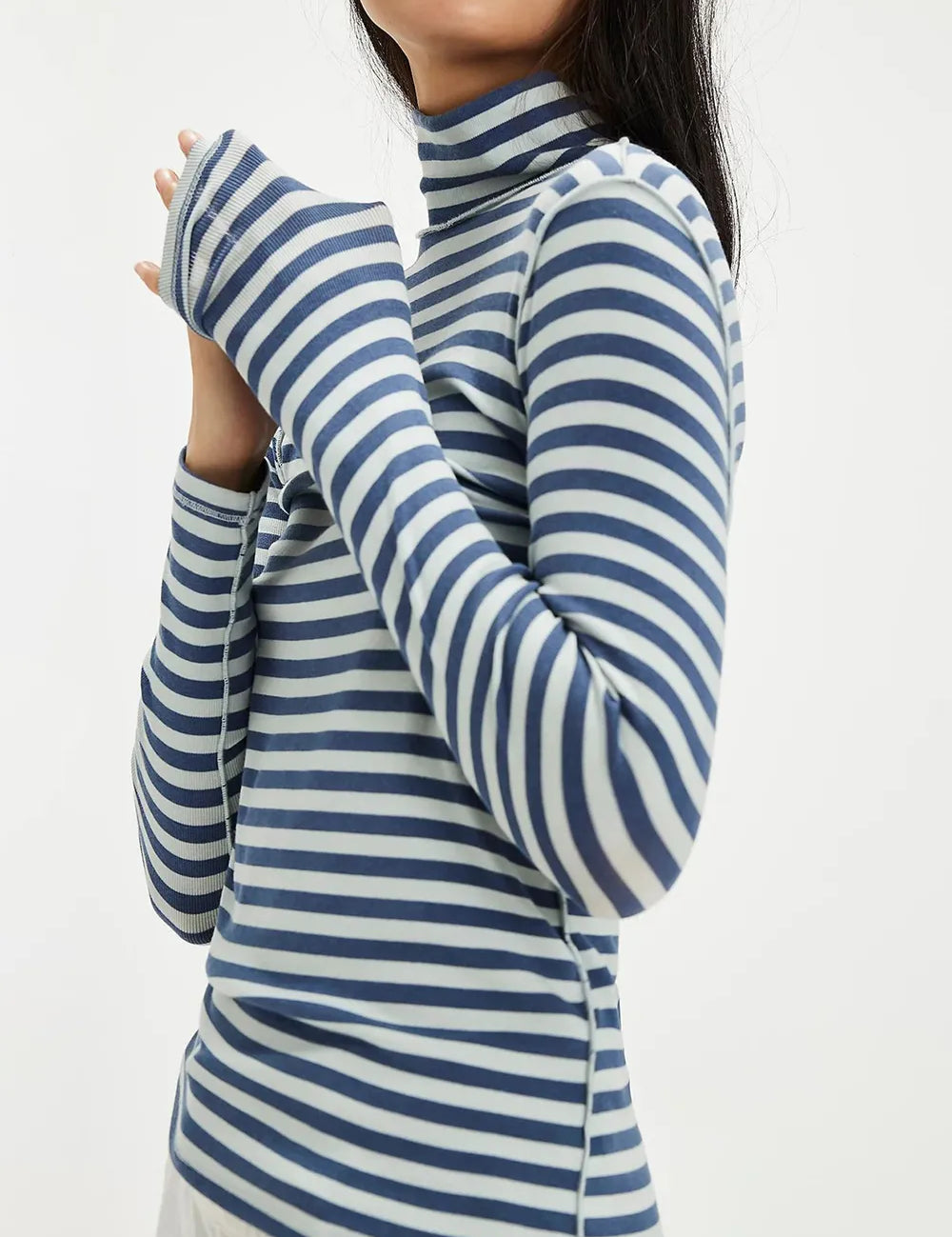 Exposed Seam Striped Turtleneck Long Sleeve T-Shirt | Tops Daverri Fashions