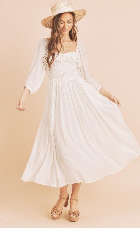 White Aemi + Co Ruffled Smocked Square Neck Balloon Sleeve Dress | Mini Dresses Daverri Fashions
