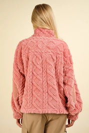 VERY J Fuzzy Fleece Half Zip Cable Pattern Sweatshirt Blush | Sweatshirts Daverri Fashions