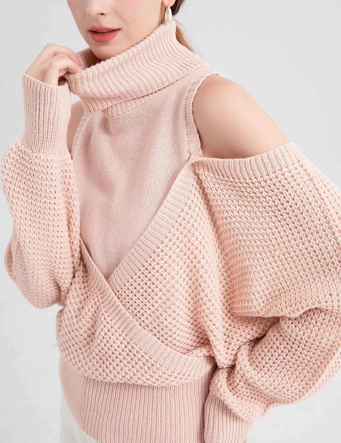 Pink Waffle Knit Cold Shoulder Turtleneck Sweater | Sweaters Daverri Fashions