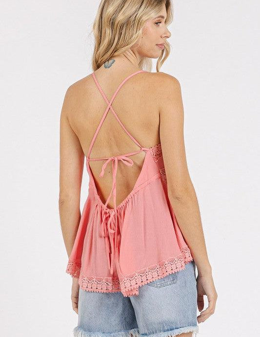 Mittoshop Crisscross Back Lace Detail V-Neck Cami | Daverri Fashions