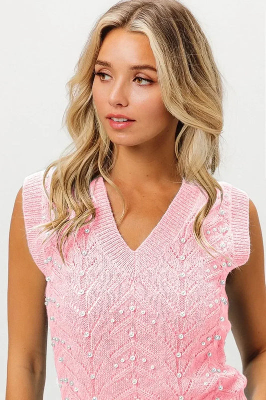 BiBi Blush Chevron Pointelle Pearl Knit Top - DAVERRI FASHIONS