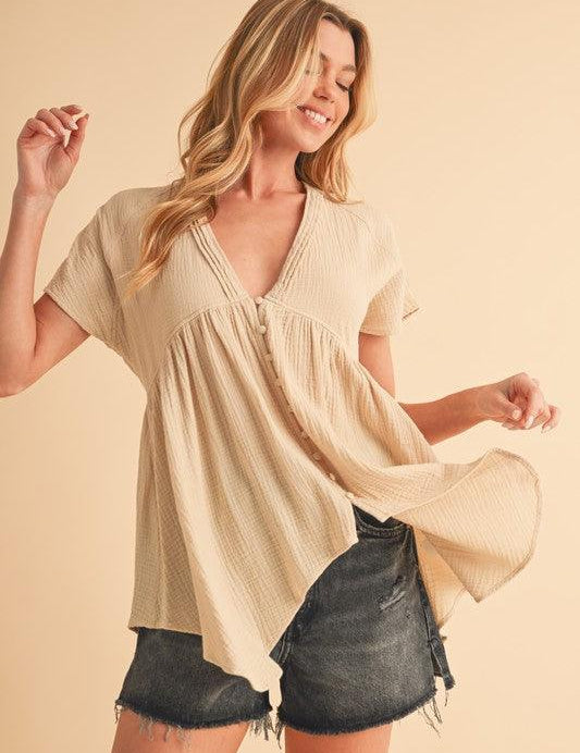 Aemi + Co Tuck Detail V-Neck Short Sleeve Blouse | Blouses Daverri Fashions